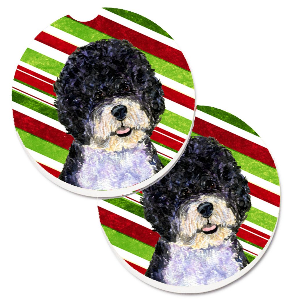 Portuguese Water Dog Candy Cane Holiday Christmas Set of 2 Cup Holder Car Coasters SS4559CARC by Caroline&#39;s Treasures