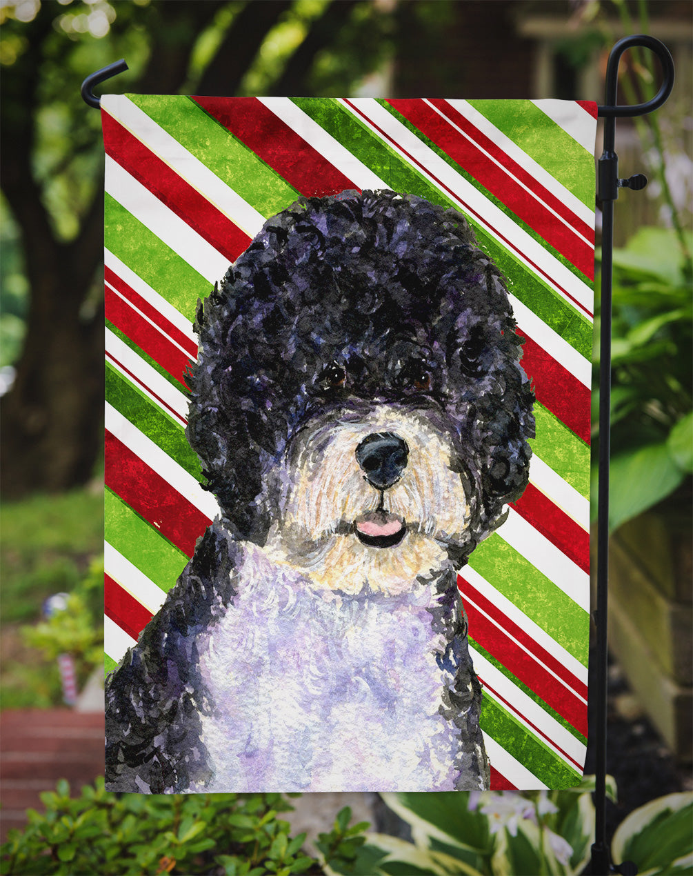Portuguese Water Dog Candy Cane Holiday Christmas Flag Garden Size.