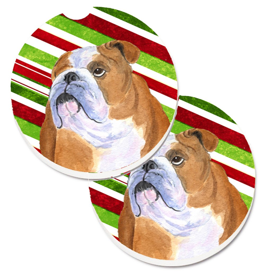 Bulldog English Candy Cane Holiday Christmas Set of 2 Cup Holder Car Coasters SS4560CARC by Caroline&#39;s Treasures