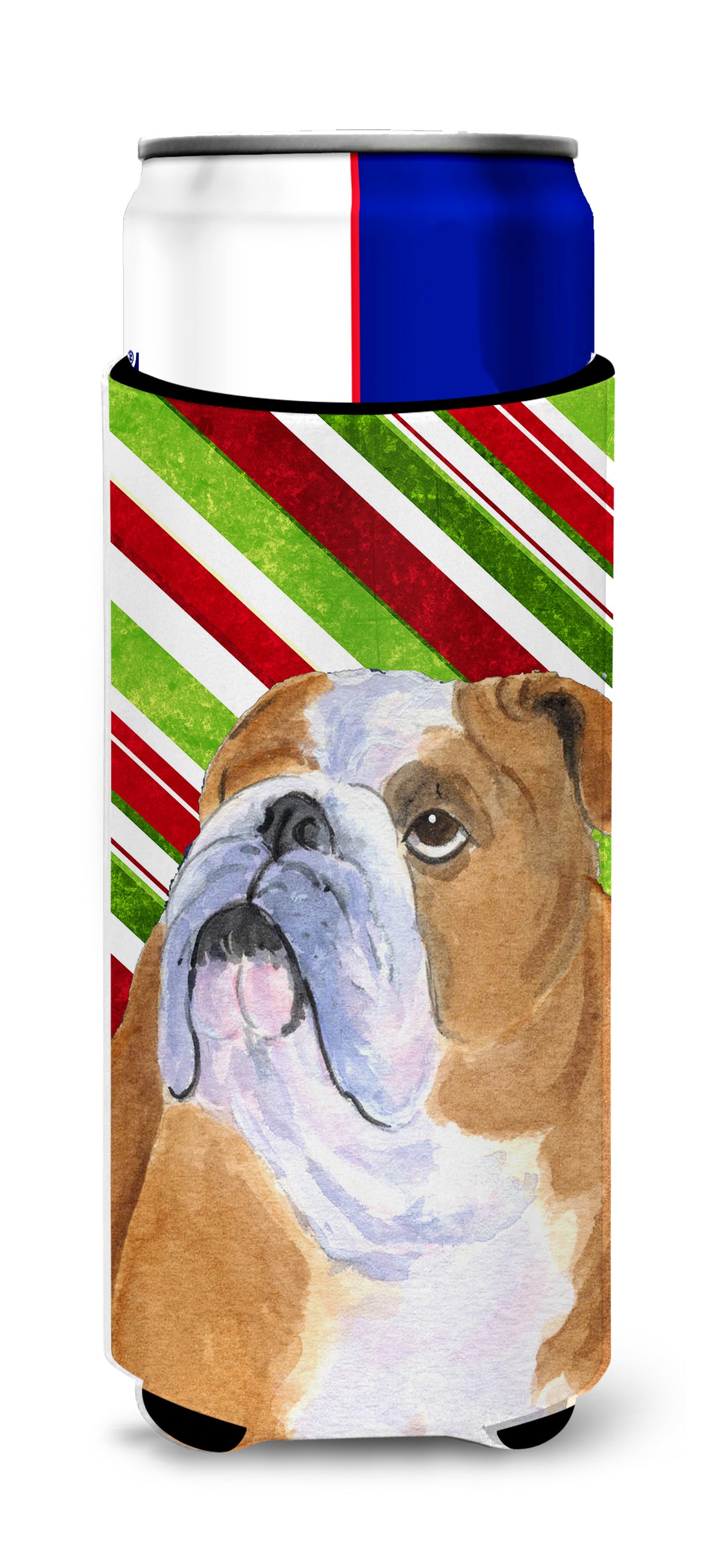 Bulldog English Candy Cane Holiday Christmas Ultra Beverage Insulators for slim cans SS4560MUK