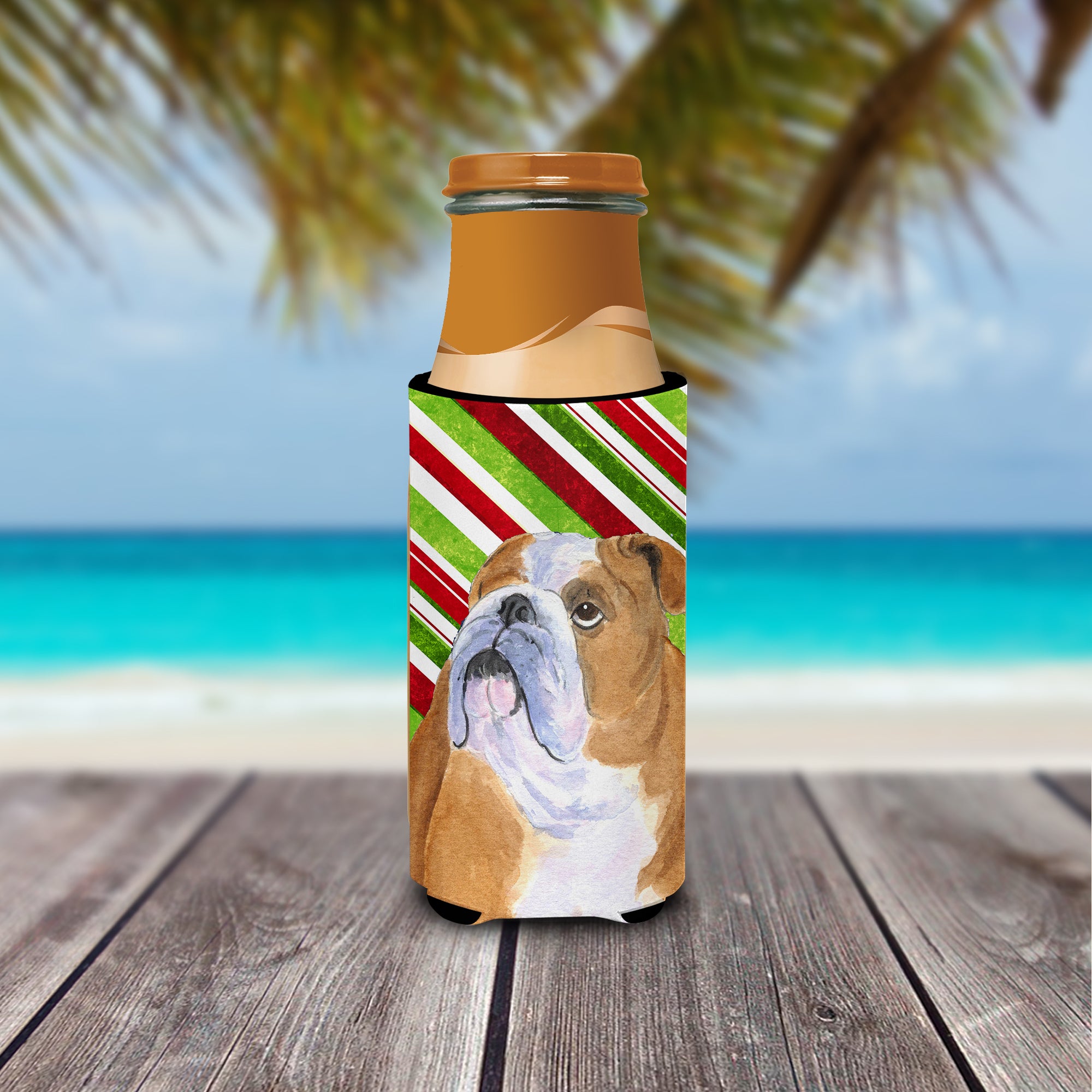 Bulldog English Candy Cane Holiday Christmas Ultra Beverage Insulators for slim cans SS4560MUK