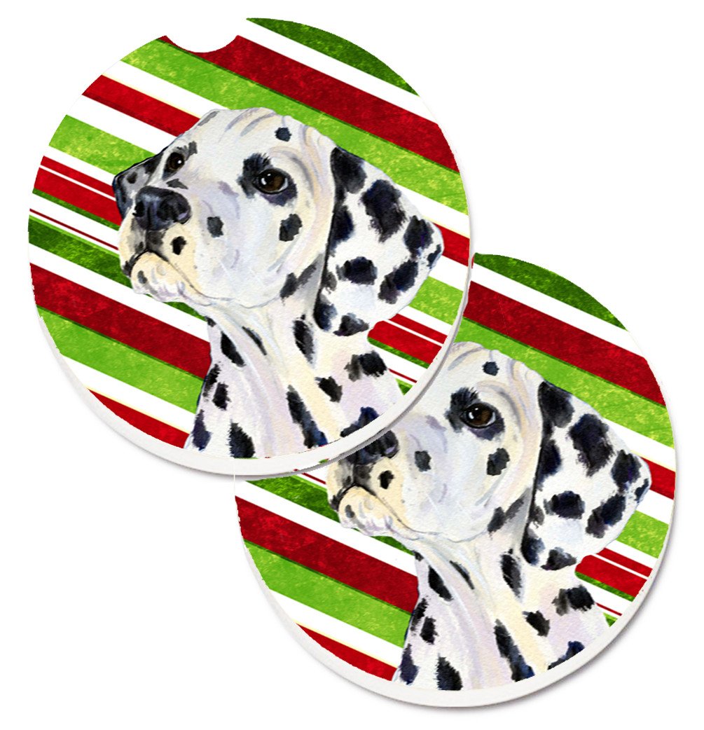 Dalmatian Candy Cane Holiday Christmas Set of 2 Cup Holder Car Coasters SS4561CARC by Caroline&#39;s Treasures