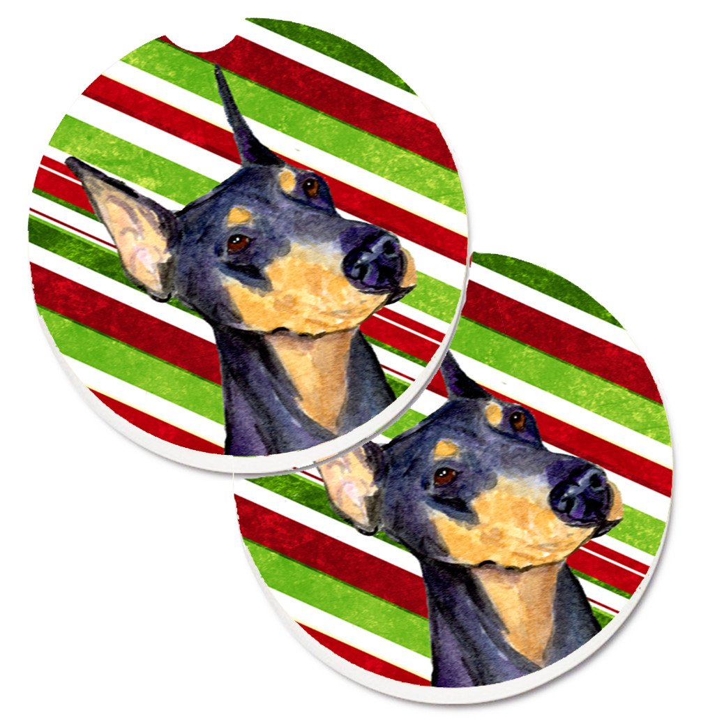 Doberman Candy Cane Holiday Christmas Set of 2 Cup Holder Car Coasters SS4564CARC by Caroline&#39;s Treasures