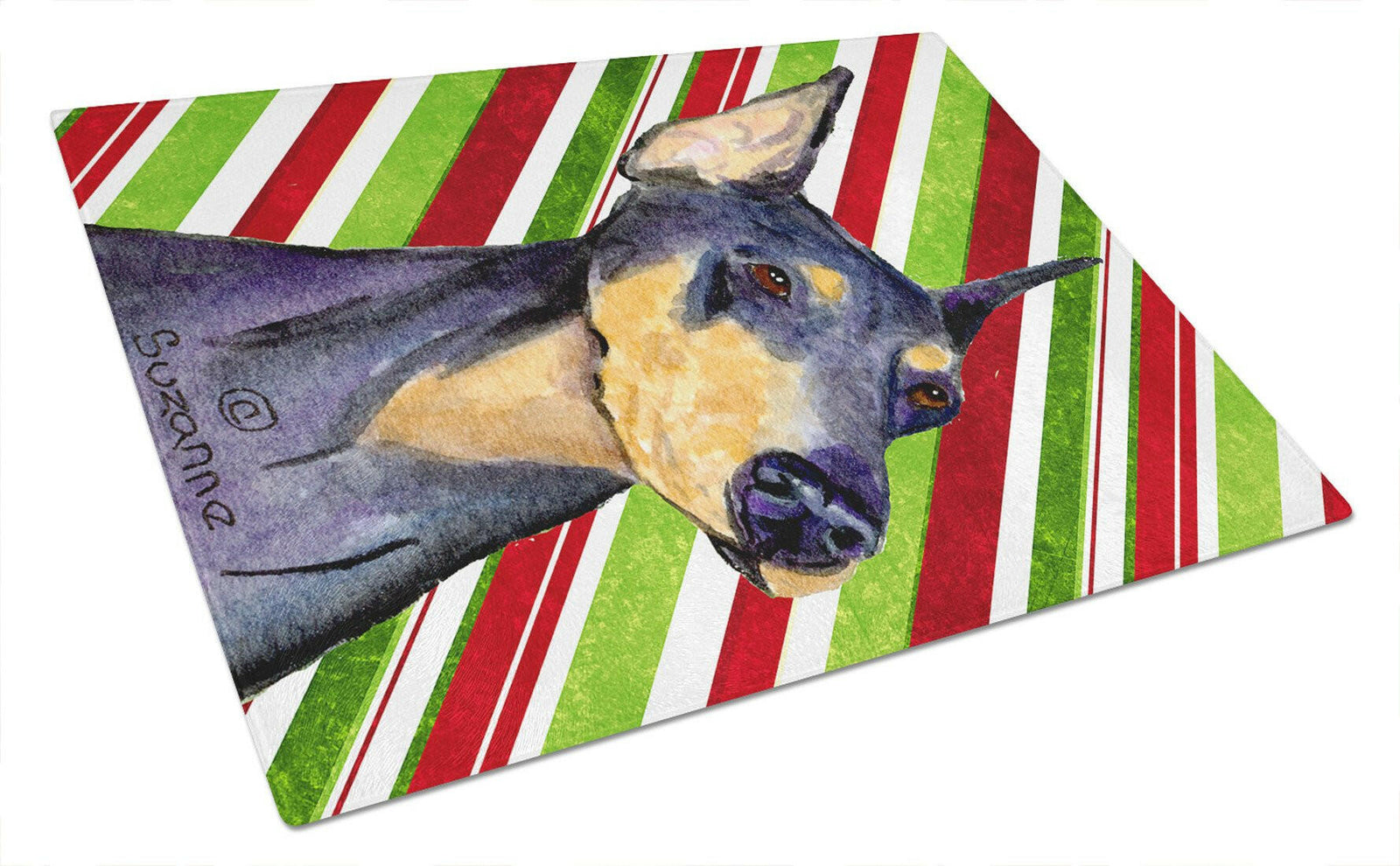 Doberman Candy Cane Holiday Christmas Glass Cutting Board Large by Caroline's Treasures