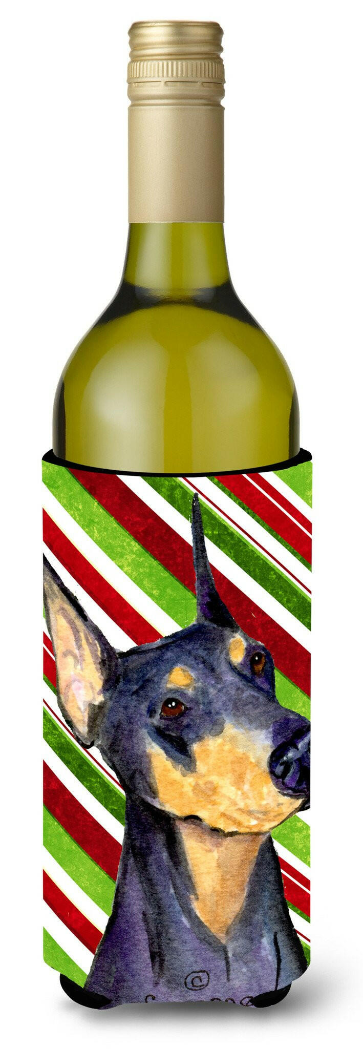 Doberman Candy Cane Holiday Christmas Wine Bottle Beverage Insulator Beverage Insulator Hugger SS4564LITERK by Caroline&#39;s Treasures