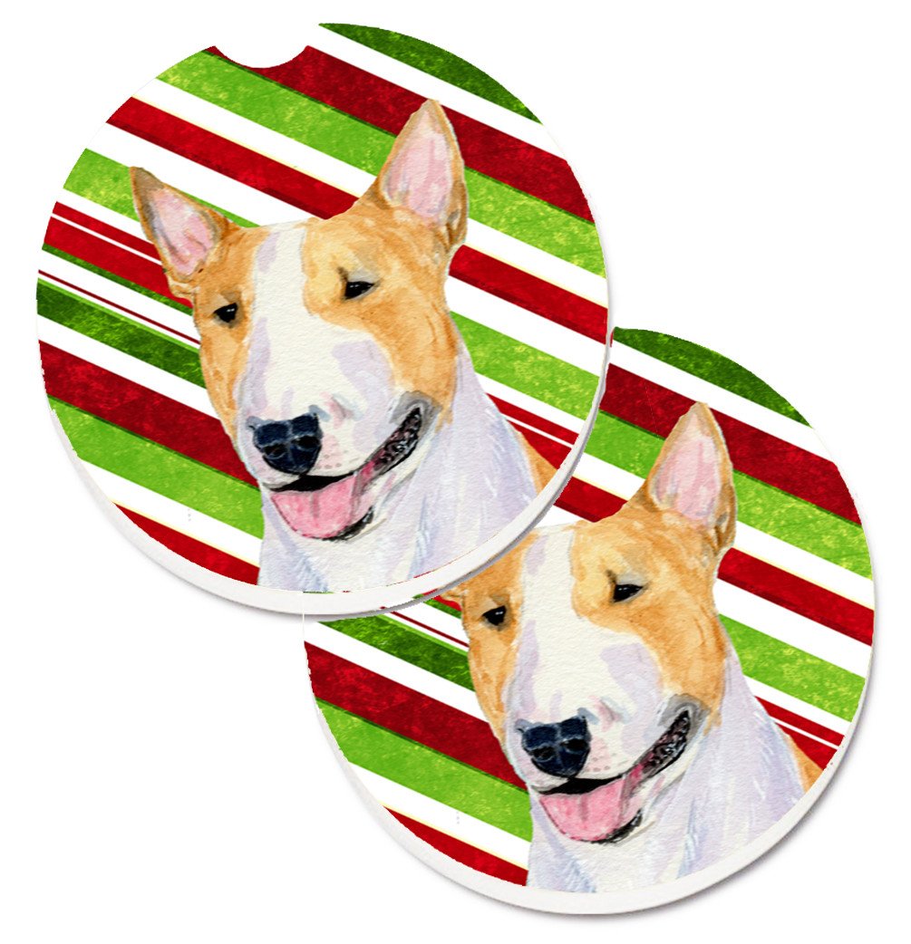 Bull Terrier Candy Cane Holiday Christmas Set of 2 Cup Holder Car Coasters SS4565CARC by Caroline&#39;s Treasures