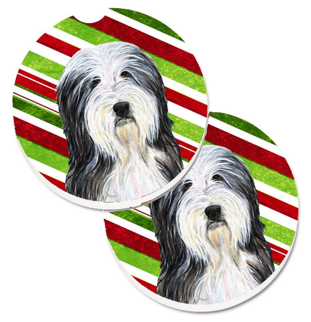 Bearded Collie Candy Cane Holiday Christmas Set of 2 Cup Holder Car Coasters SS4566CARC by Caroline&#39;s Treasures