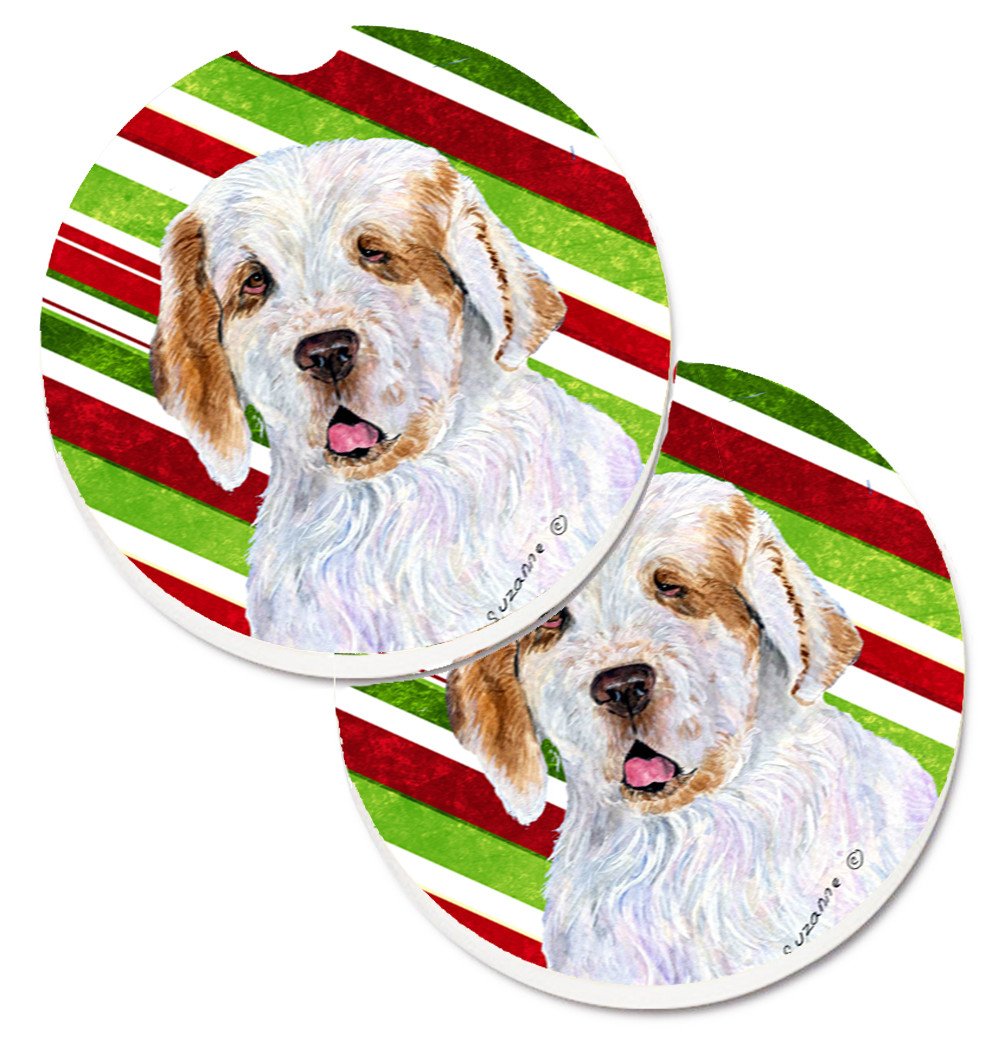 Clumber Spaniel Candy Cane Holiday Christmas Set of 2 Cup Holder Car Coasters SS4569CARC by Caroline&#39;s Treasures