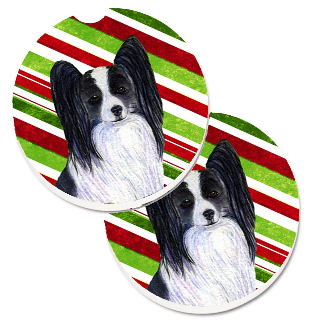 Papillon Candy Cane Holiday Christmas Set of 2 Cup Holder Car Coasters SS4574CARC by Caroline&#39;s Treasures