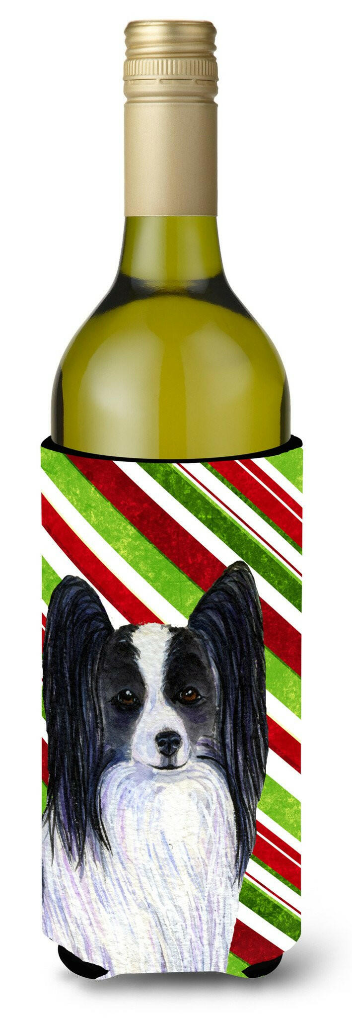 Papillon Candy Cane Holiday Christmas Wine Bottle Beverage Insulator Beverage Insulator Hugger SS4574LITERK by Caroline&#39;s Treasures