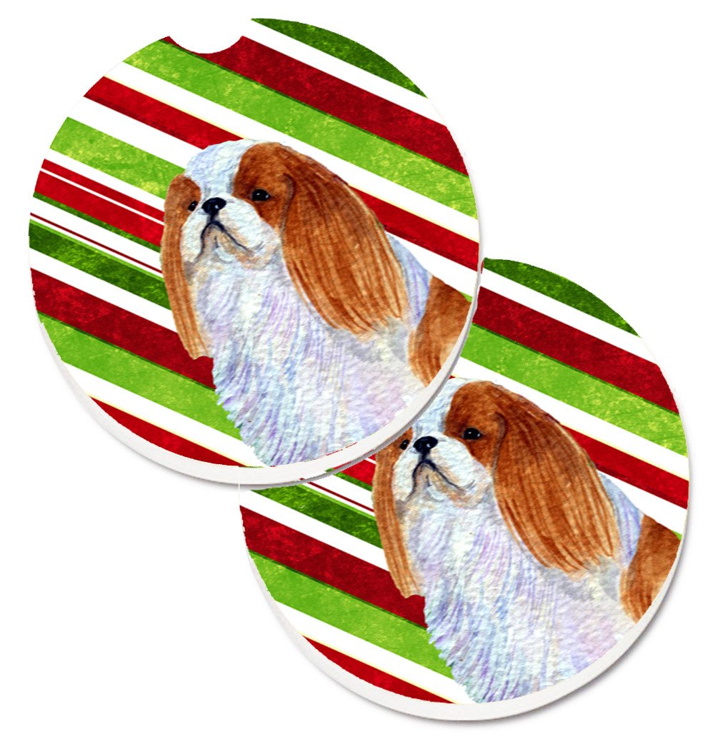 English Toy Spaniel Candy Cane Holiday Christmas Set of 2 Cup Holder Car Coasters SS4576CARC by Caroline&#39;s Treasures