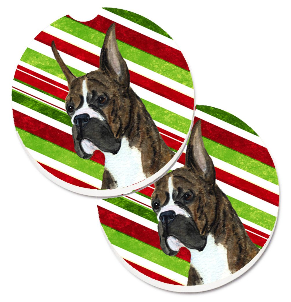 Boxer Candy Cane Holiday Christmas Set of 2 Cup Holder Car Coasters SS4577CARC by Caroline&#39;s Treasures