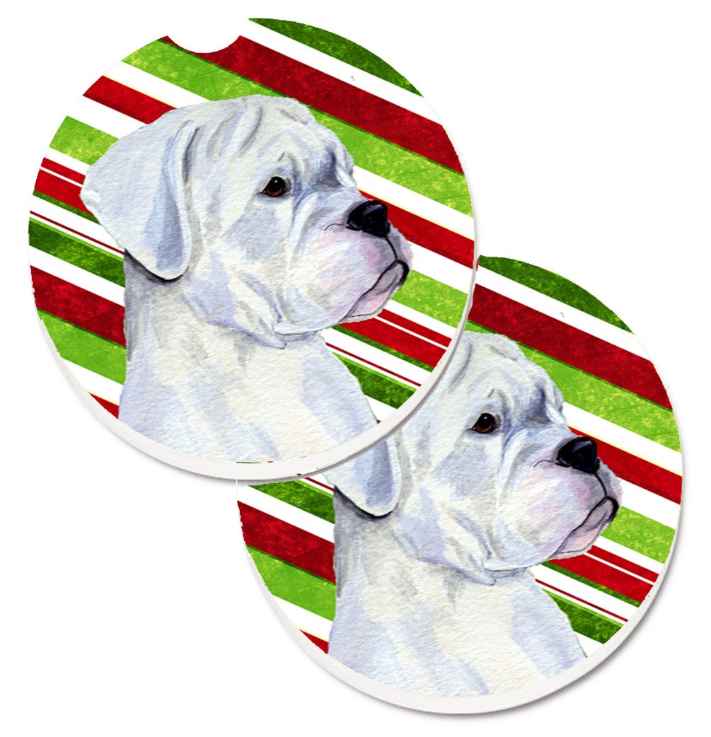 Boxer Candy Cane Holiday Christmas Set of 2 Cup Holder Car Coasters SS4578CARC by Caroline&#39;s Treasures