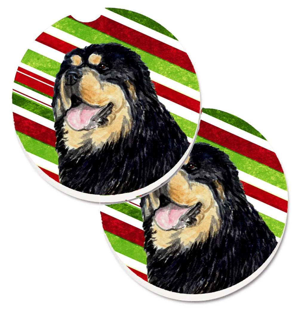 Tibetan Mastiff Candy Cane Holiday Christmas Set of 2 Cup Holder Car Coasters SS4581CARC by Caroline&#39;s Treasures
