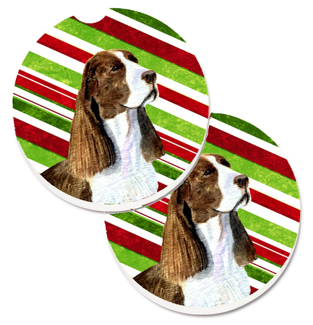 Springer Spaniel Candy Cane Holiday Christmas Set of 2 Cup Holder Car Coasters SS4582CARC by Caroline&#39;s Treasures