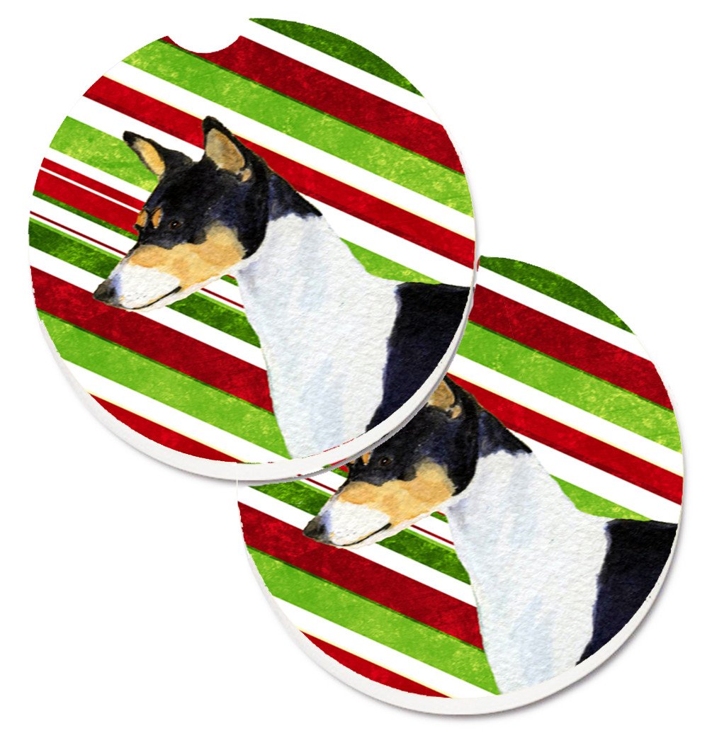 Basenji Candy Cane Holiday Christmas Set of 2 Cup Holder Car Coasters SS4583CARC by Caroline&#39;s Treasures