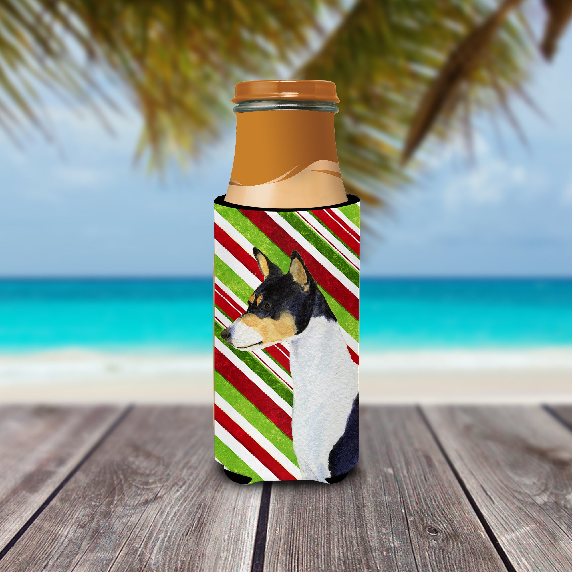 Basenji Candy Cane Holiday Christmas Ultra Beverage Insulators for slim cans SS4583MUK.
