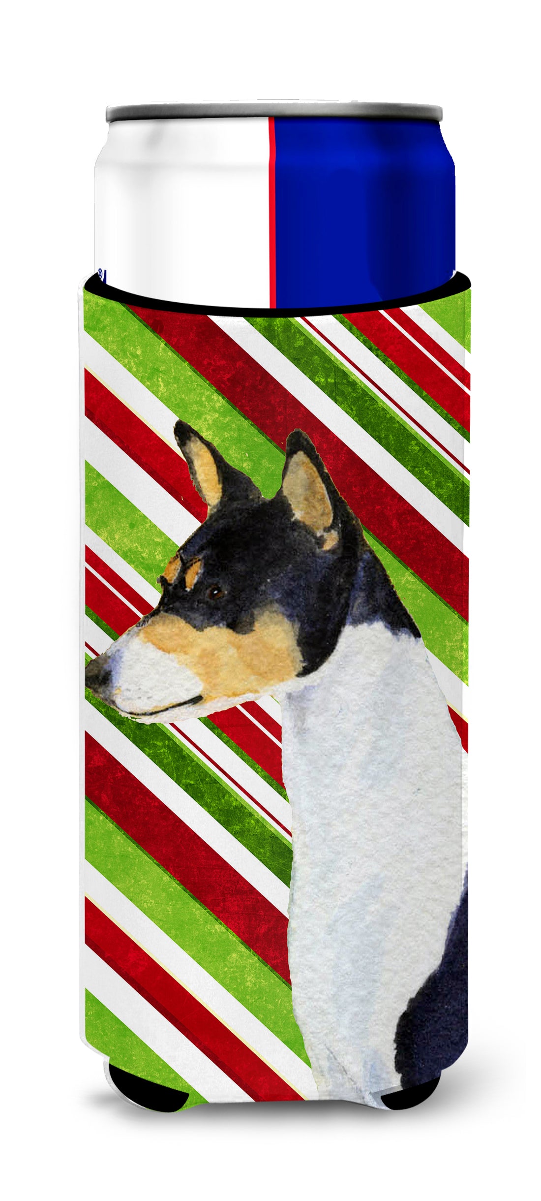 Basenji Candy Cane Holiday Christmas Ultra Beverage Insulators for slim cans SS4583MUK.