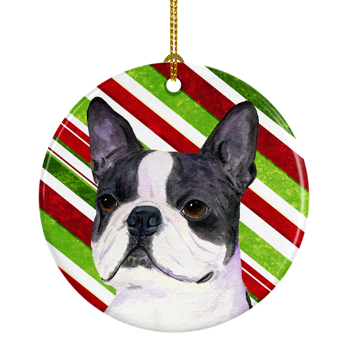 Boston Terrier Candy Cane Holiday Christmas Ceramic Ornament SS4585 - the-store.com