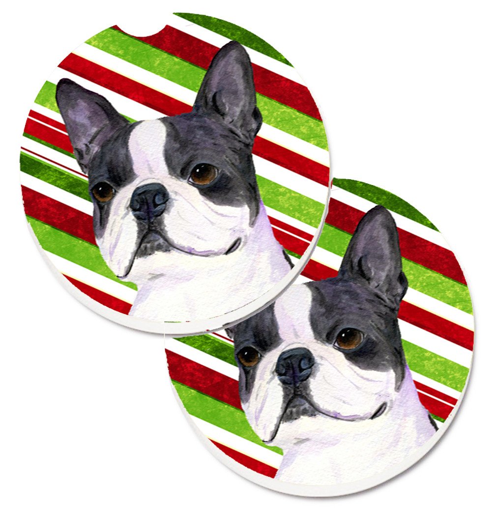 Boston Terrier Candy Cane Holiday Christmas Set of 2 Cup Holder Car Coasters SS4585CARC by Caroline&#39;s Treasures