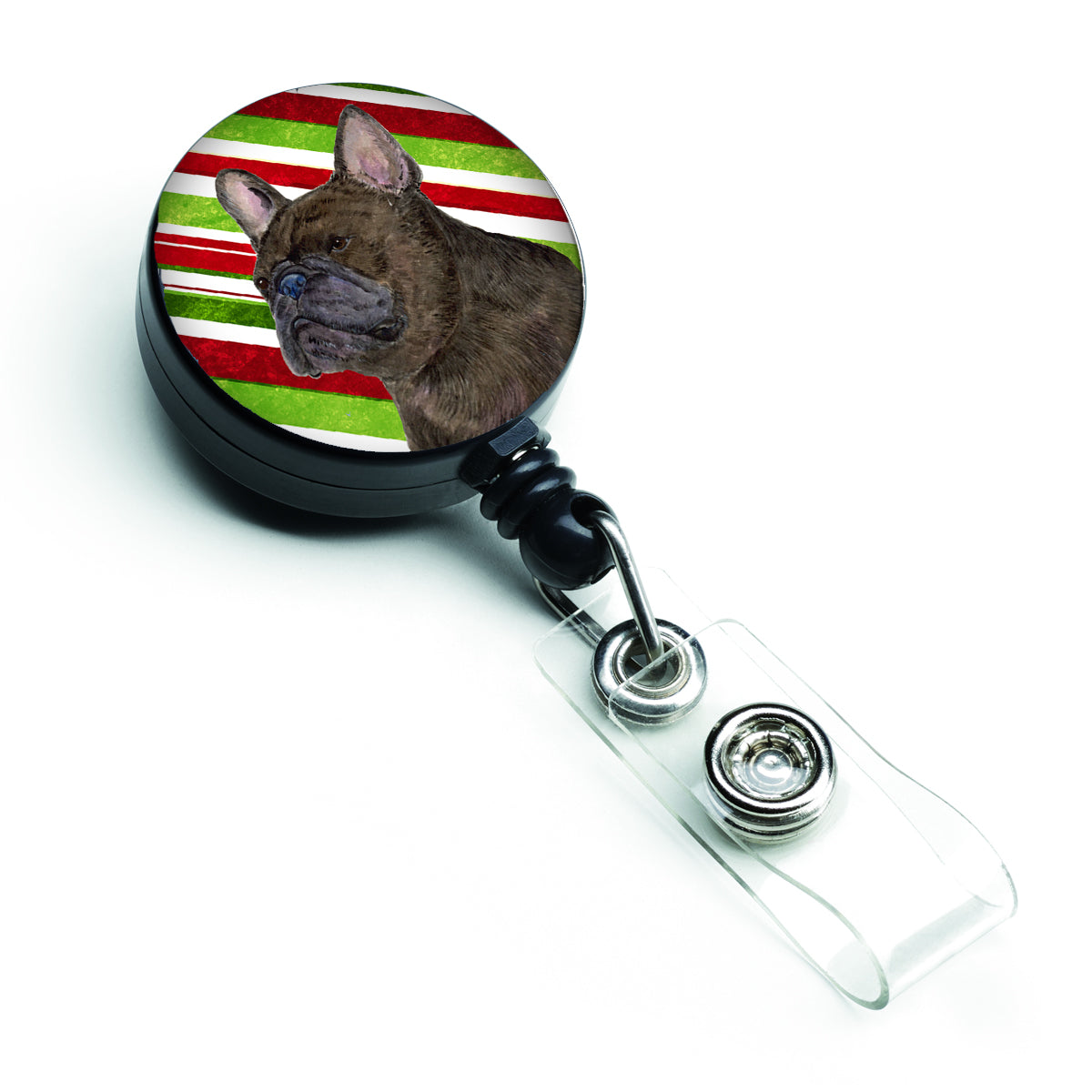 Bouledogue Français Candy Cane Holiday Christmas Retractable Badge Reel SS4588BR