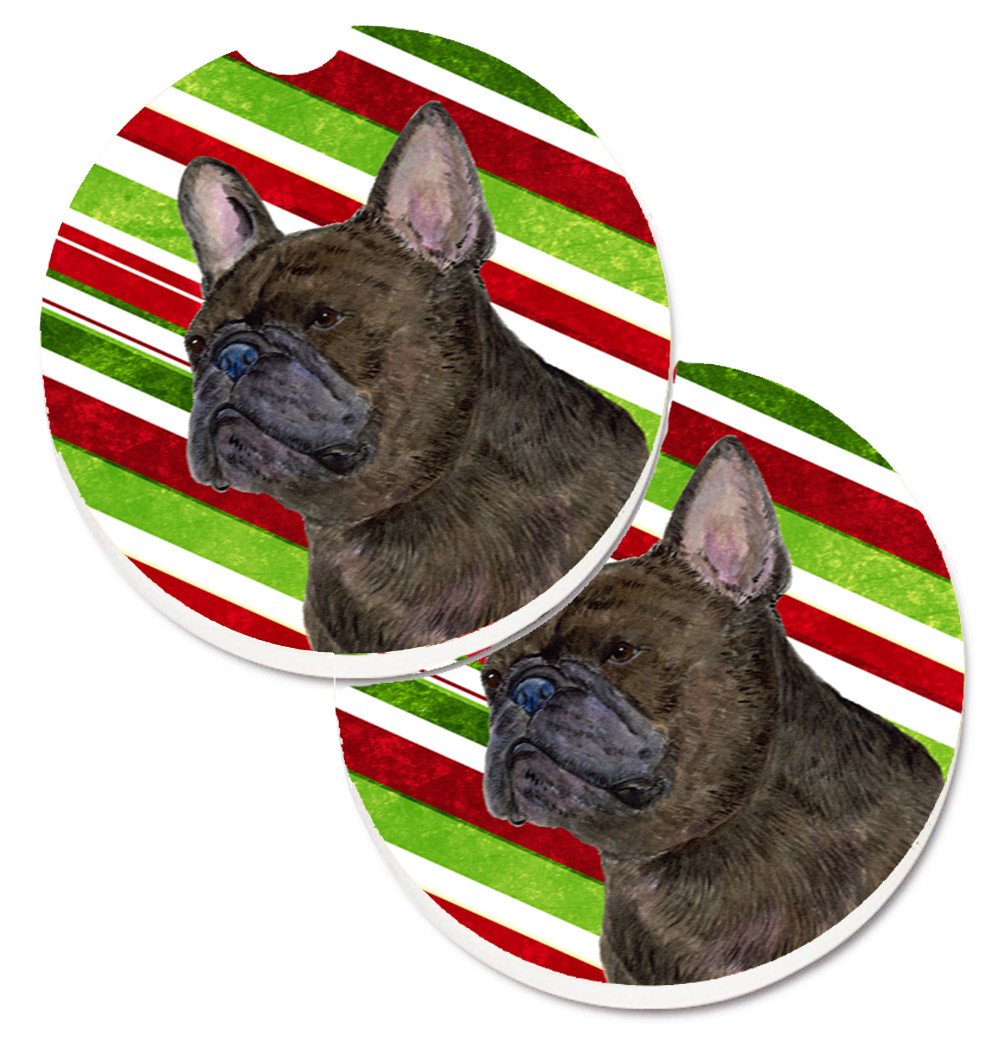 French Bulldog Candy Cane Holiday Christmas Set of 2 Cup Holder Car Coasters SS4588CARC by Caroline&#39;s Treasures