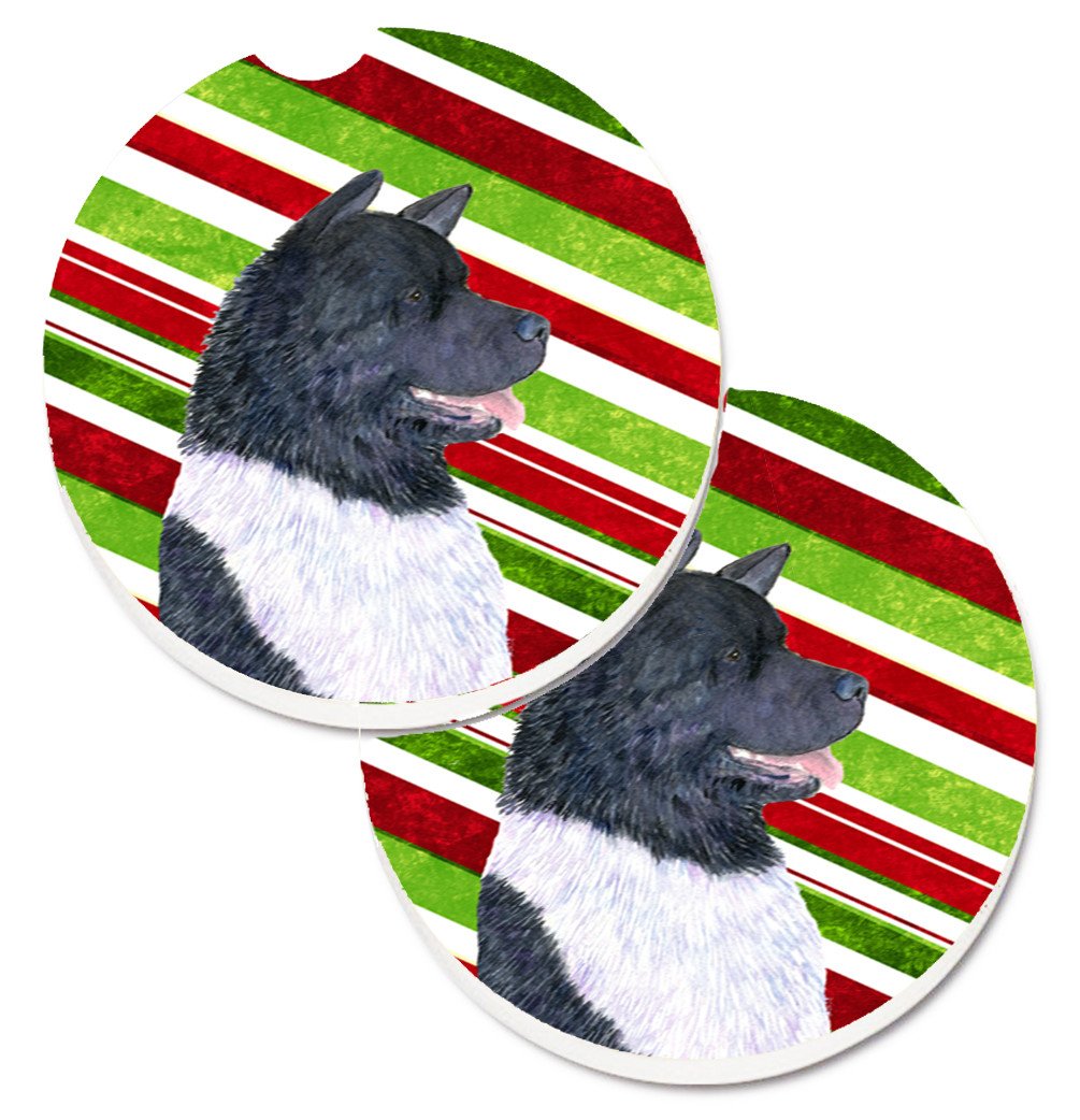 Akita Candy Cane Holiday Christmas Set of 2 Cup Holder Car Coasters SS4590CARC by Caroline&#39;s Treasures