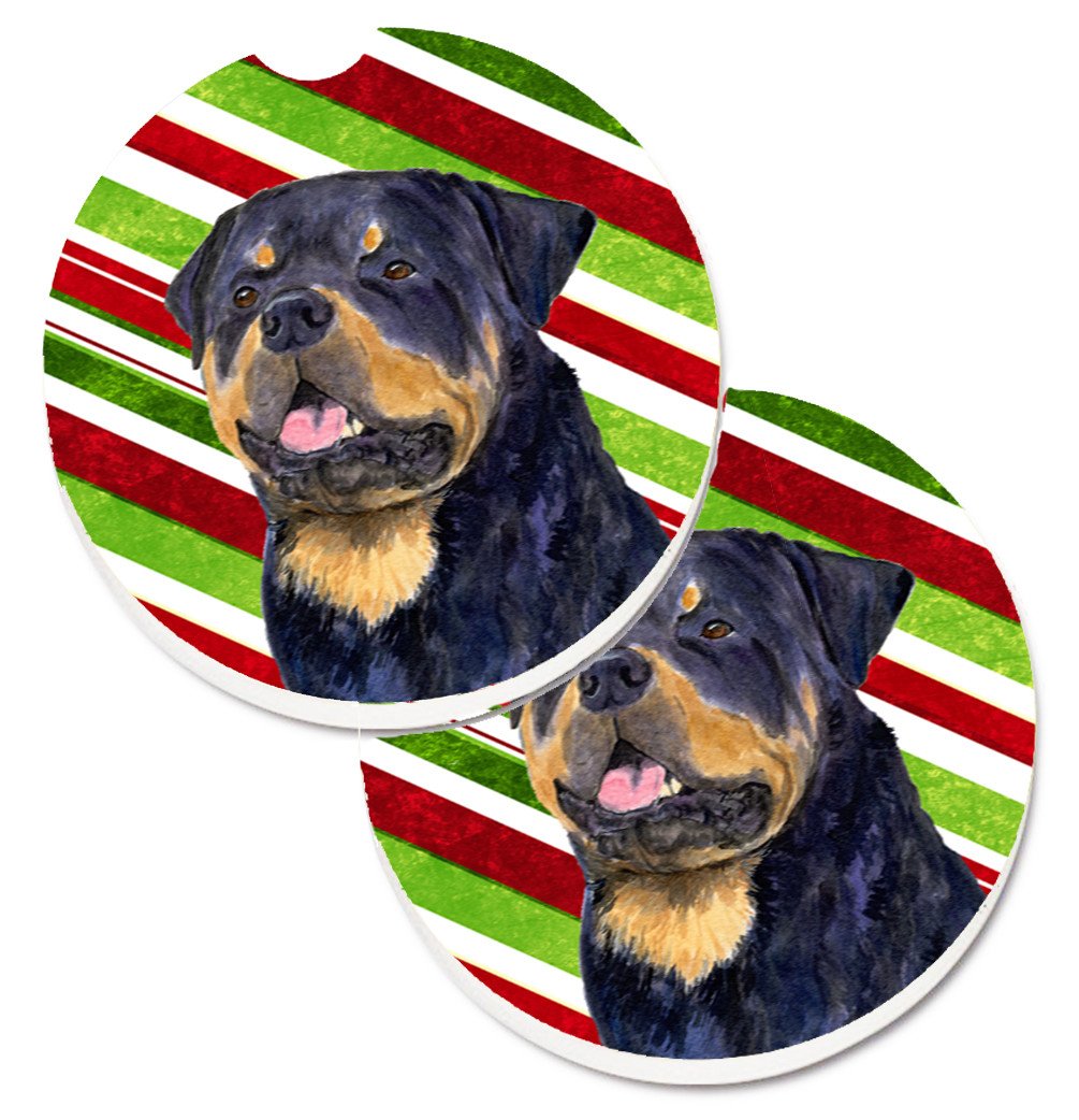 Rottweiler Candy Cane Holiday Christmas Set of 2 Cup Holder Car Coasters SS4593CARC by Caroline&#39;s Treasures