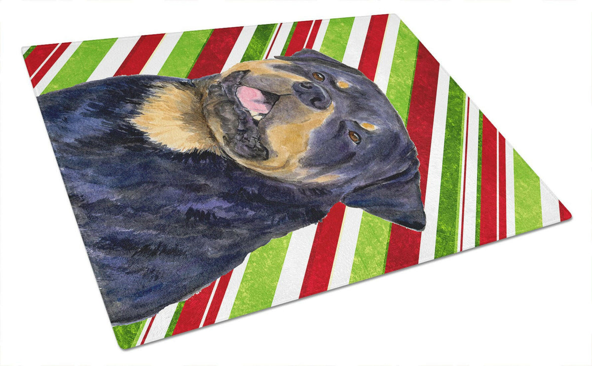 Rottweiler Candy Cane Holiday Christmas Glass Cutting Board Large by Caroline&#39;s Treasures