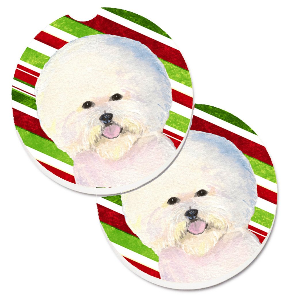 Bichon Frise Candy Cane Holiday Christmas Set of 2 Cup Holder Car Coasters SS4595CARC by Caroline&#39;s Treasures