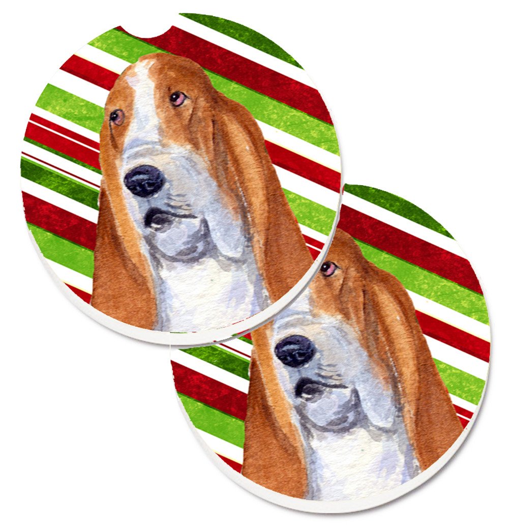 Basset Hound Candy Cane Holiday Christmas Set of 2 Cup Holder Car Coasters SS4597CARC by Caroline&#39;s Treasures