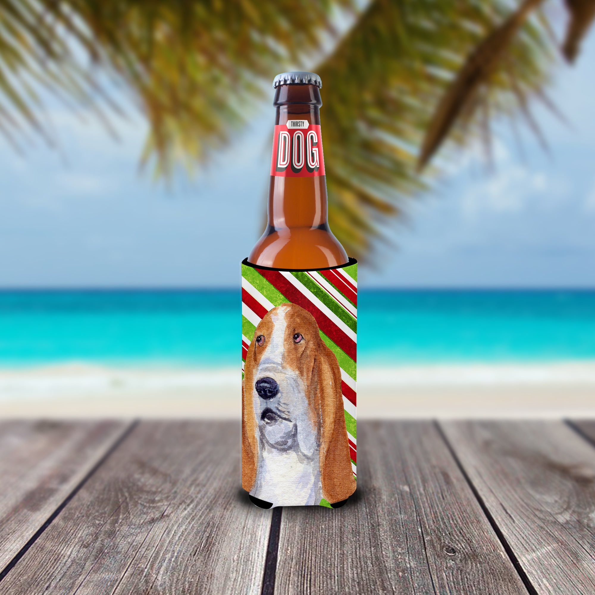 Basset Hound Candy Cane Holiday Christmas Ultra Beverage Insulators for slim cans SS4597MUK.