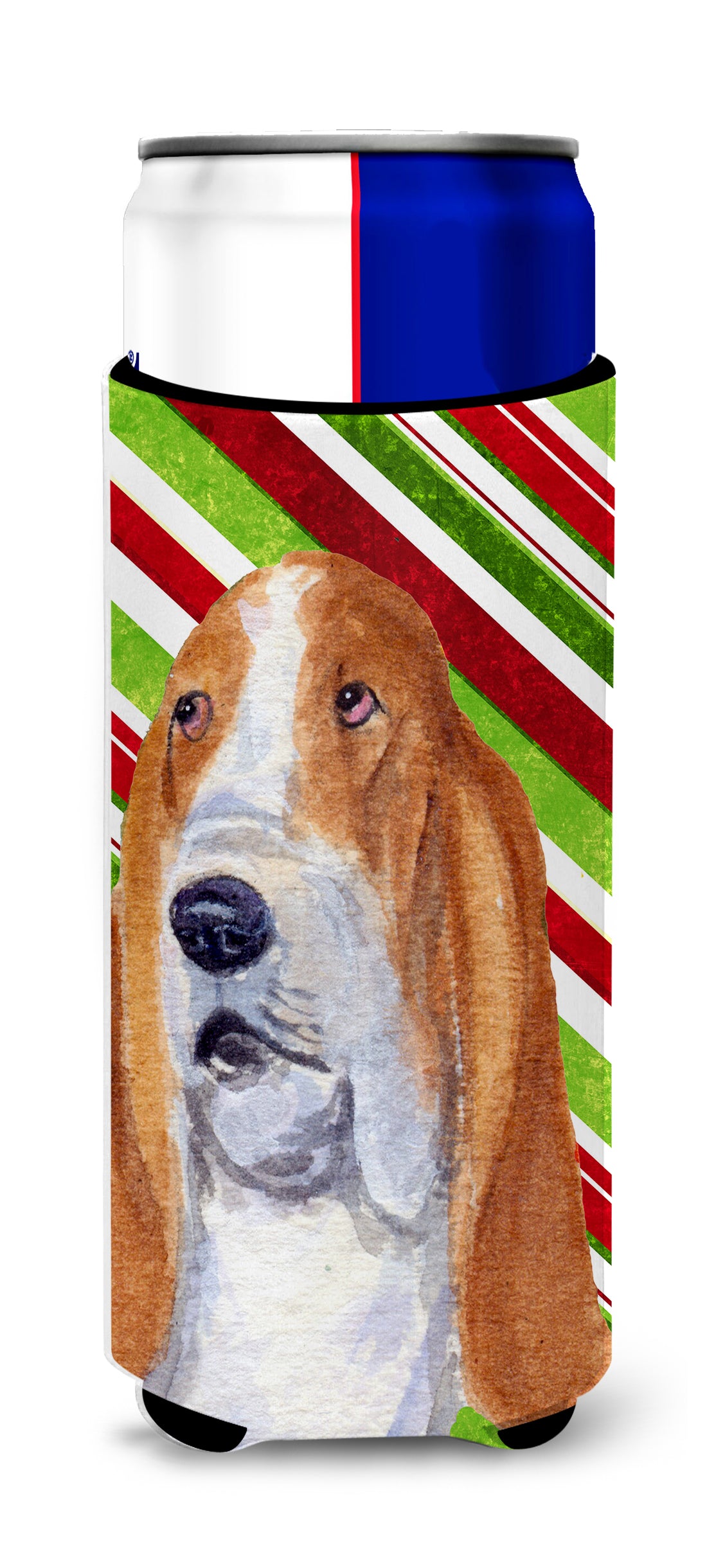 Basset Hound Candy Cane Holiday Christmas Ultra Beverage Insulators for slim cans SS4597MUK.