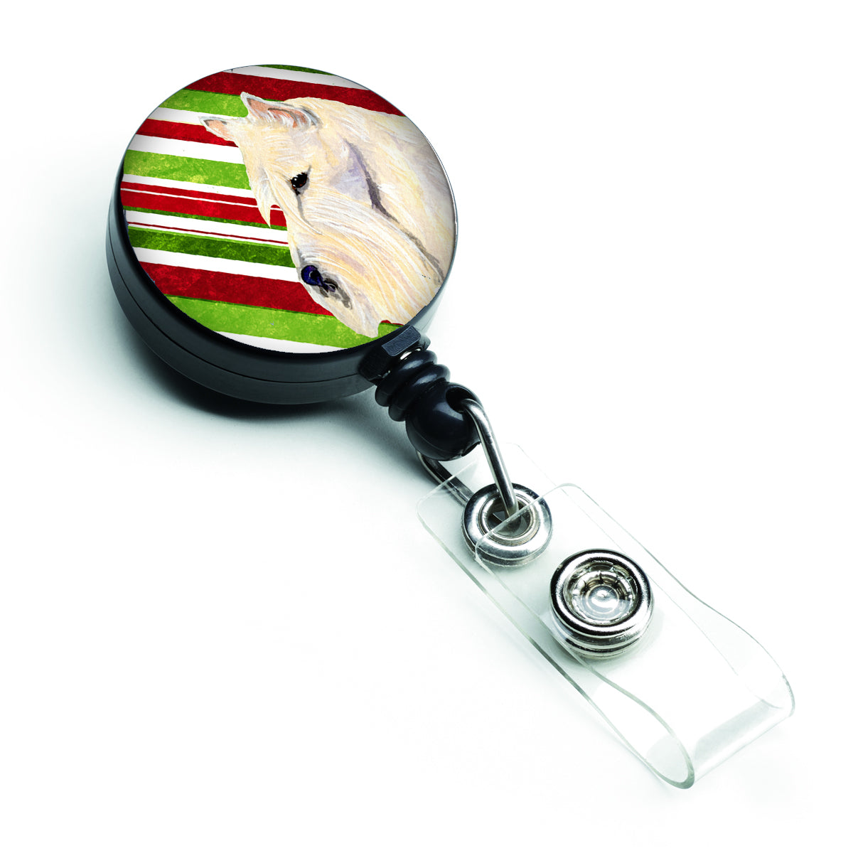 Bobine d'insigne rétractable de Noël de vacances de canne de bonbon de Terrier écossais SS4599BR