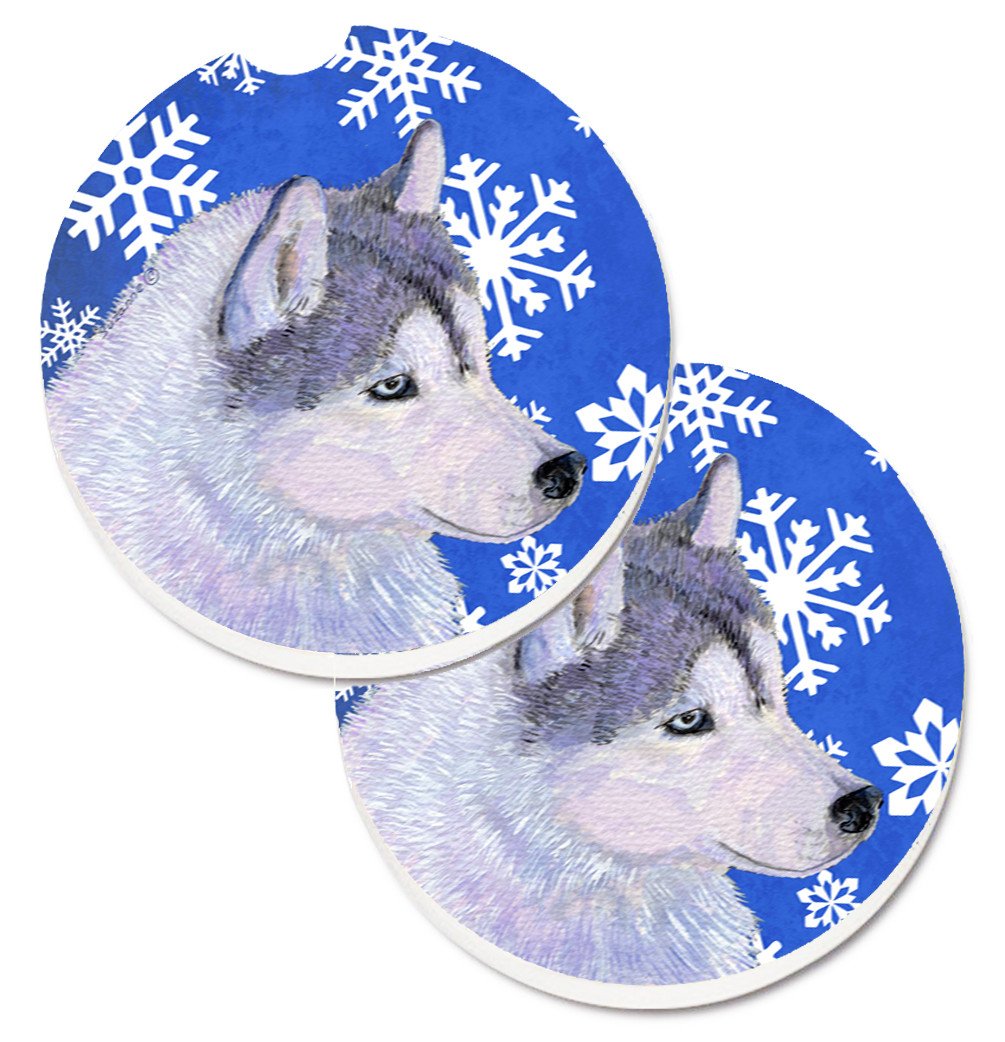 Siberian Husky Winter Snowflakes Holiday Set of 2 Cup Holder Car Coasters SS4602CARC by Caroline&#39;s Treasures