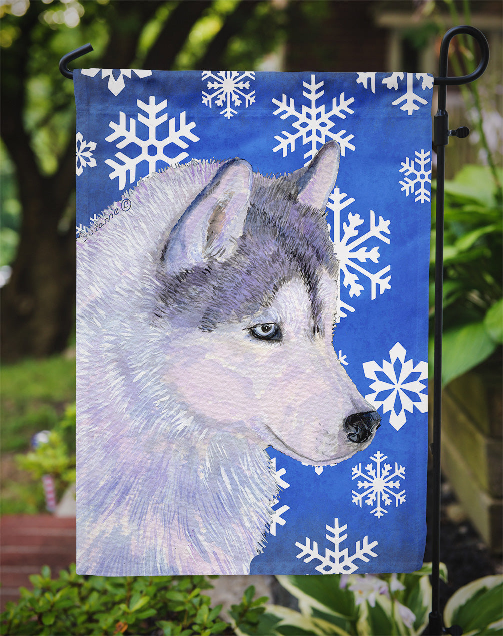 Siberian Husky Winter Snowflakes Holiday Flag Garden Size.