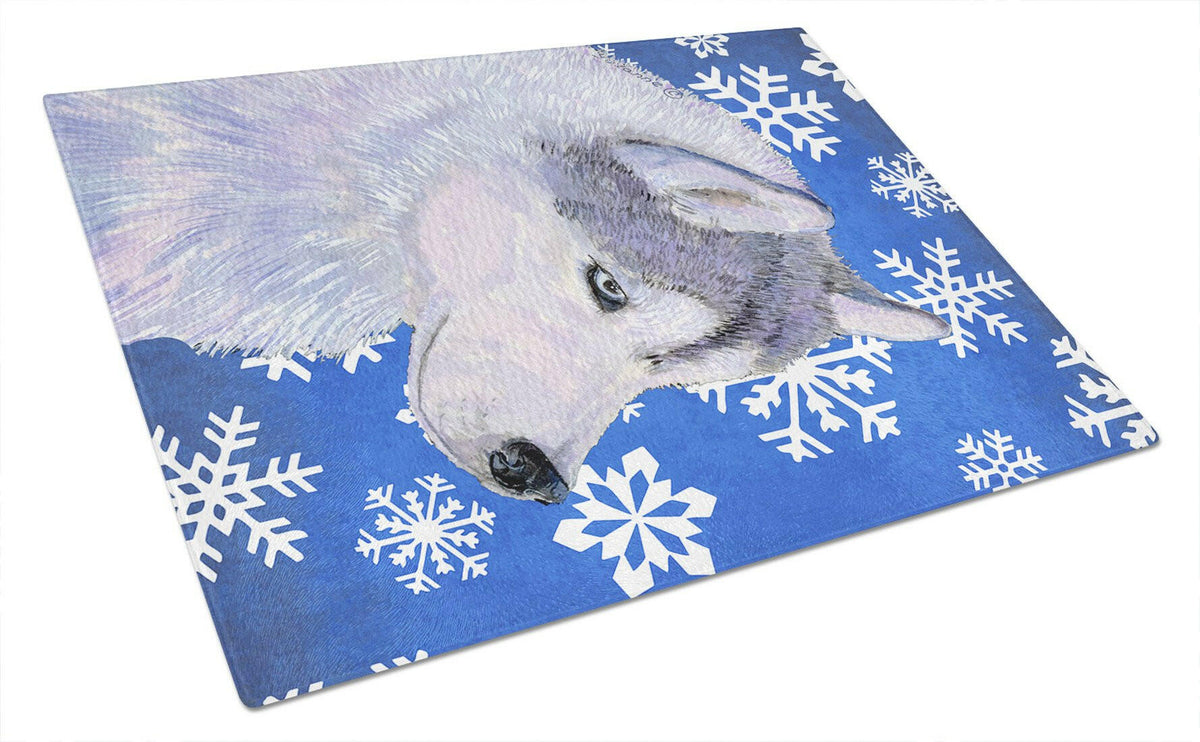 Siberian Husky Winter Snowflakes Holiday Glass Cutting Board Large by Caroline&#39;s Treasures