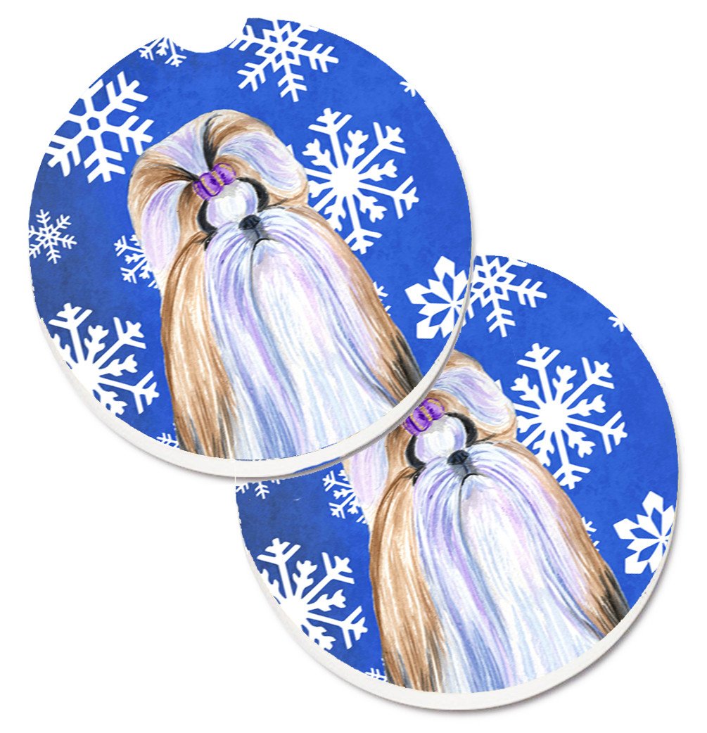 Shih Tzu Winter Snowflakes Holiday Set of 2 Cup Holder Car Coasters SS4603CARC by Caroline&#39;s Treasures