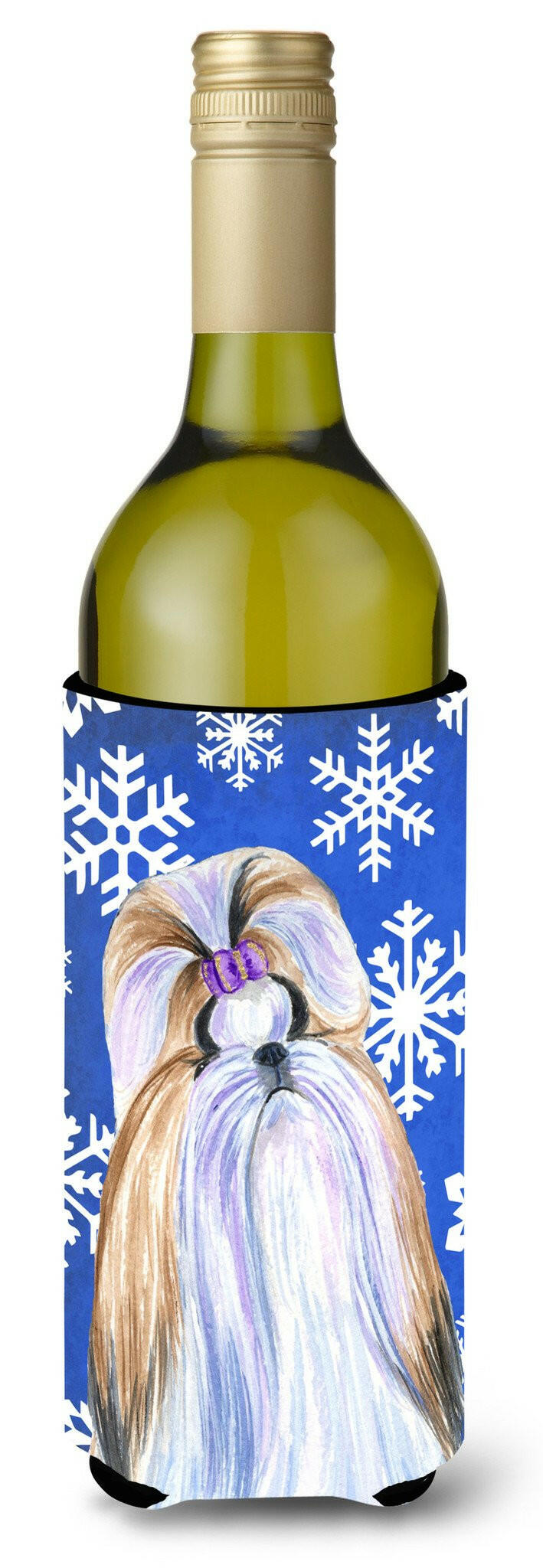 Shih Tzu Winter Snowflakes Holiday Wine Bottle Beverage Insulator Beverage Insulator Hugger SS4603LITERK by Caroline&#39;s Treasures