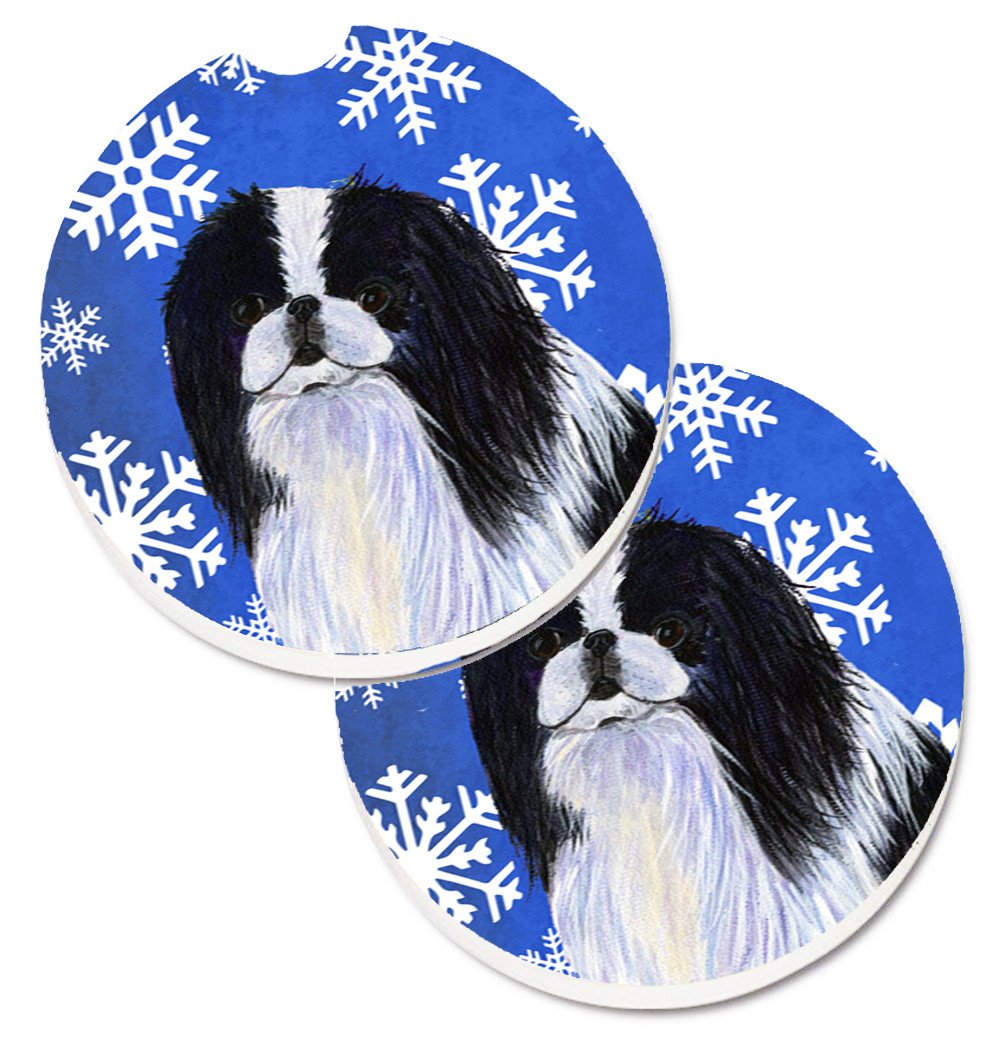 Japanese Chin Winter Snowflakes Holiday Set of 2 Cup Holder Car Coasters SS4605CARC by Caroline&#39;s Treasures