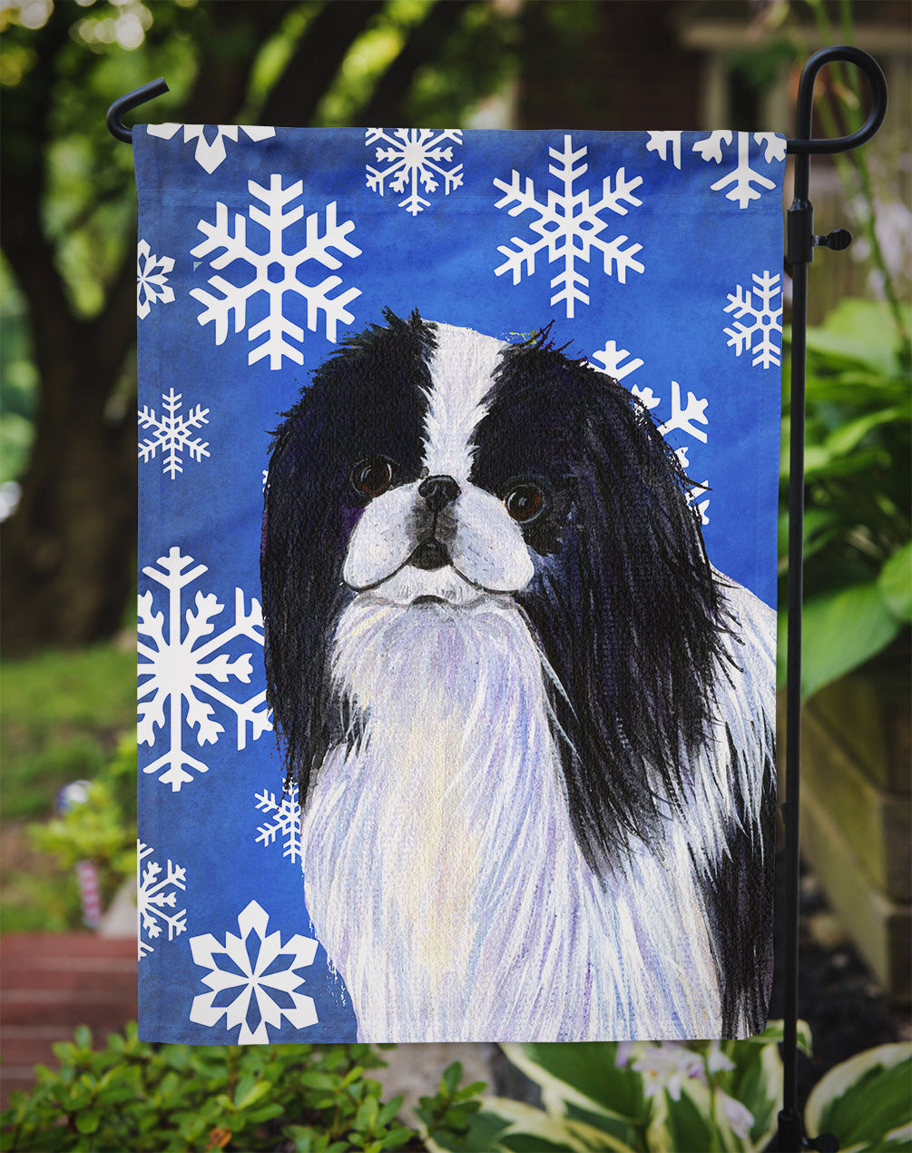 Japanese Chin Winter Snowflakes Holiday Flag Garden Size.