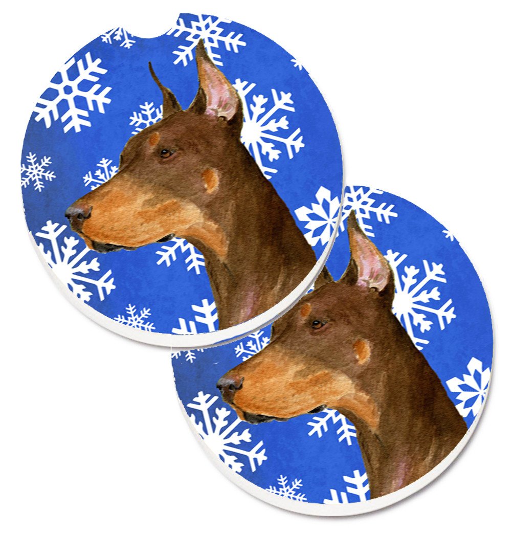 Doberman Winter Snowflakes Holiday Set of 2 Cup Holder Car Coasters SS4606CARC by Caroline&#39;s Treasures