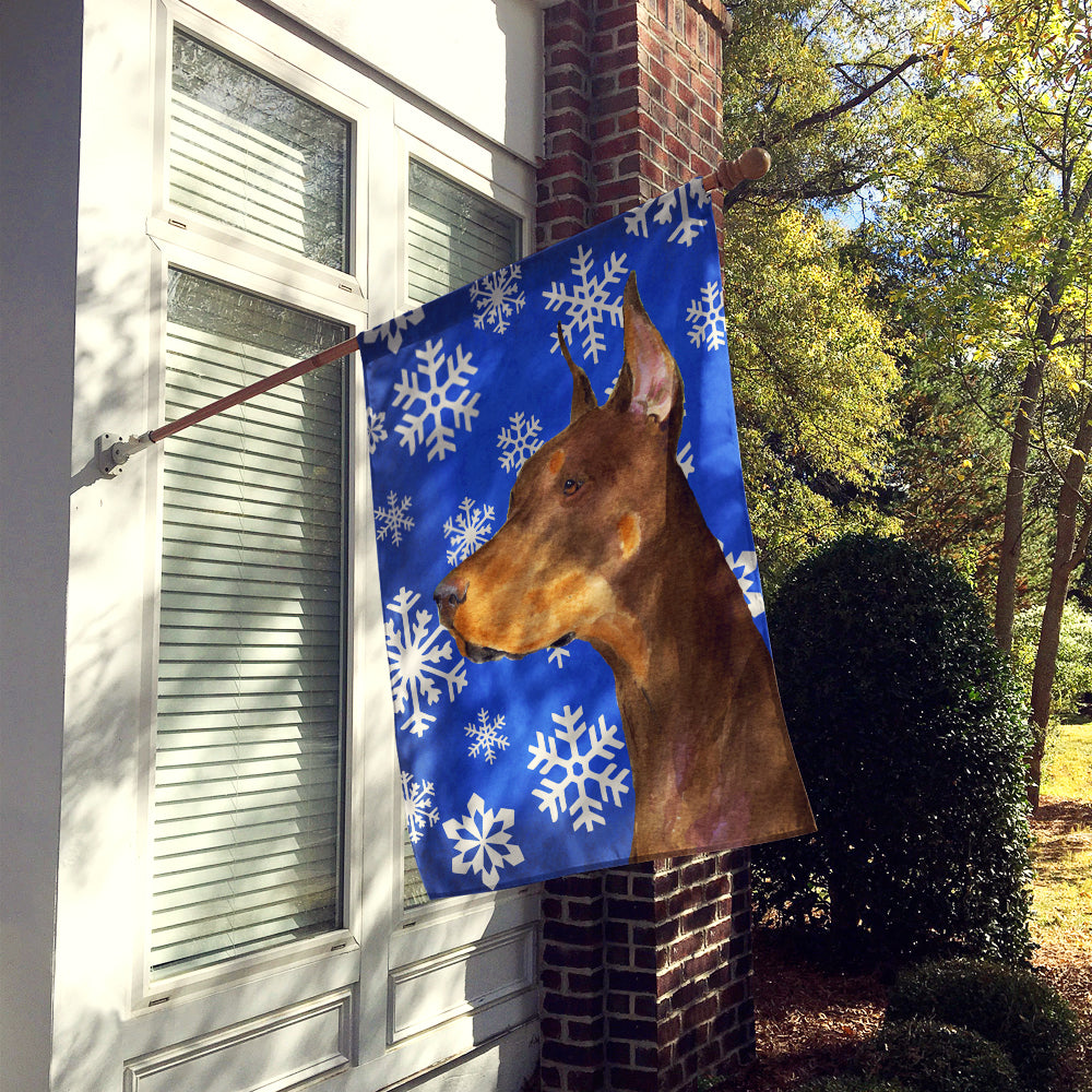 Doberman Winter Snowflakes Holiday Flag Canvas House Size  the-store.com.