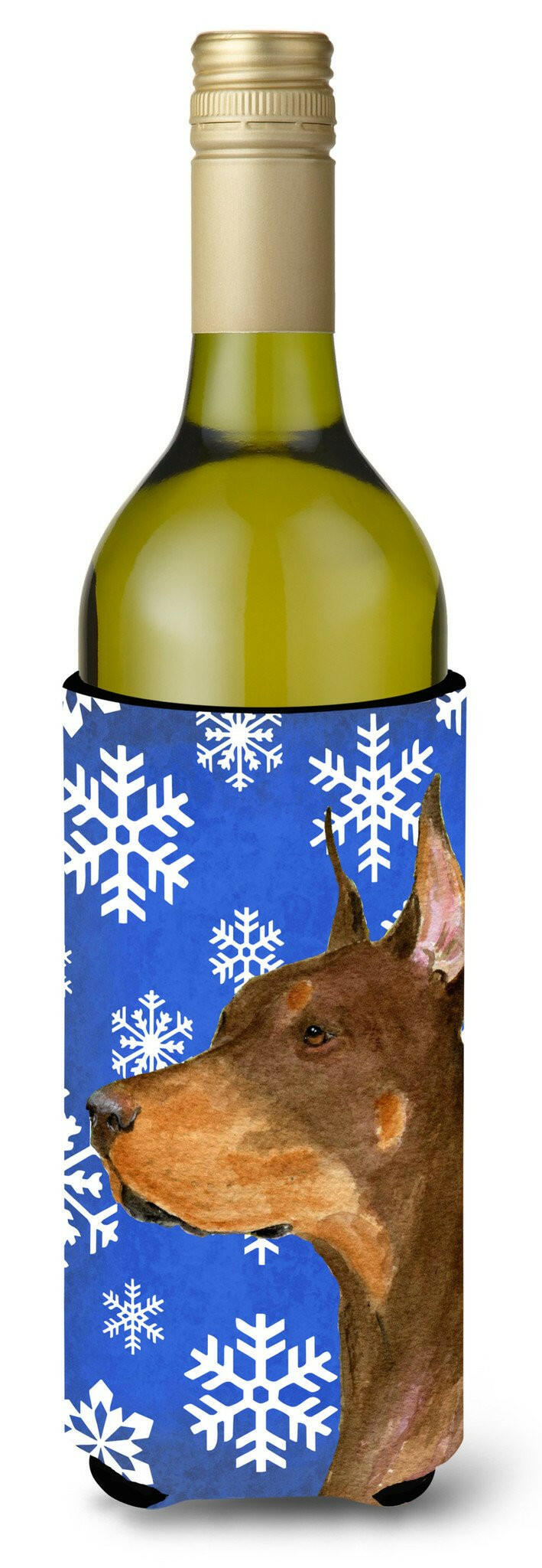 Doberman Winter Snowflakes Holiday Wine Bottle Beverage Insulator Beverage Insulator Hugger SS4606LITERK by Caroline's Treasures