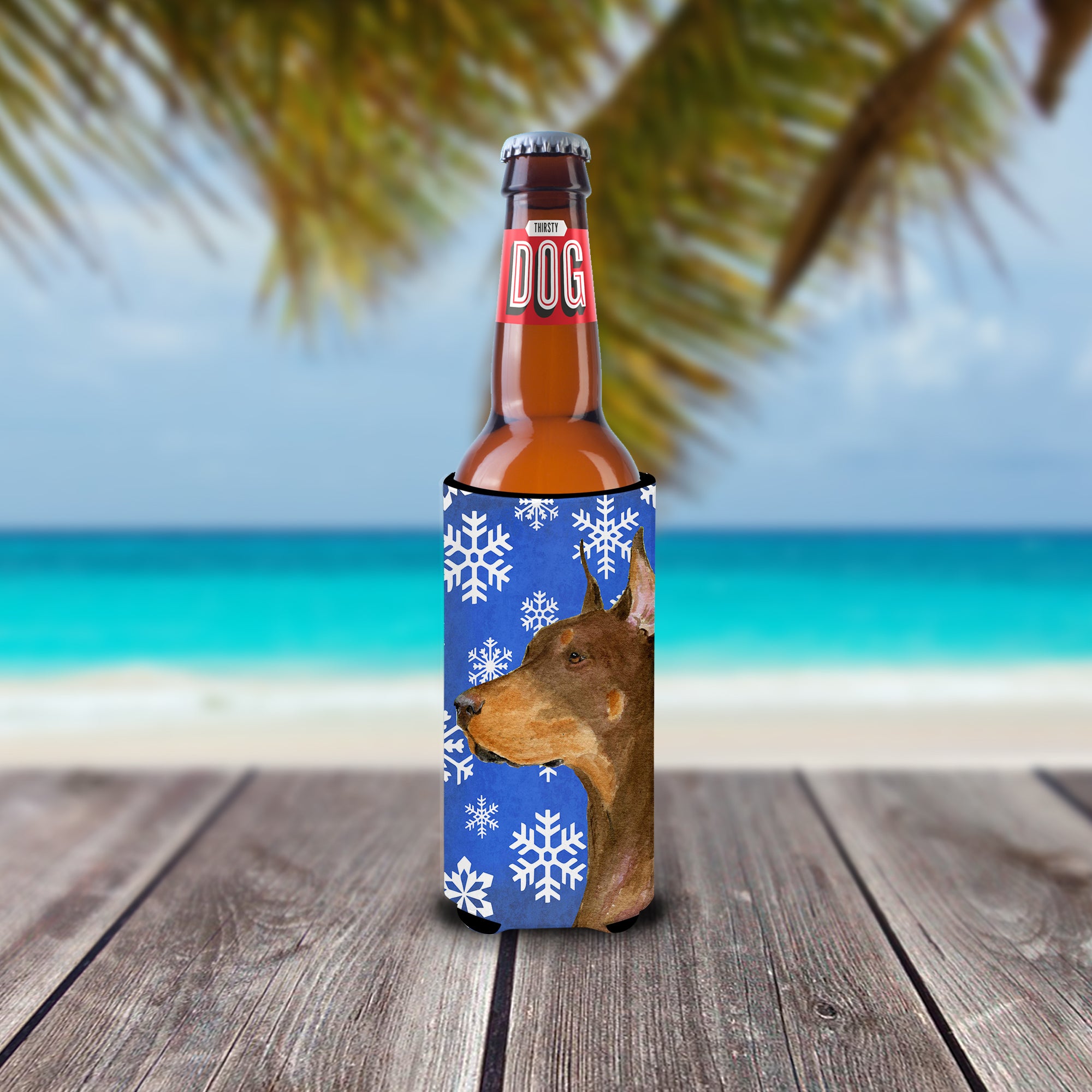 Doberman Winter Snowflakes Holiday Ultra Beverage Insulators for slim cans SS4606MUK.