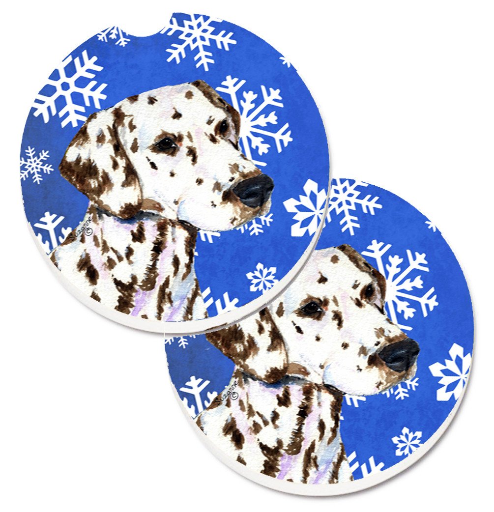 Dalmatian Winter Snowflakes Holiday Set of 2 Cup Holder Car Coasters SS4607CARC by Caroline&#39;s Treasures