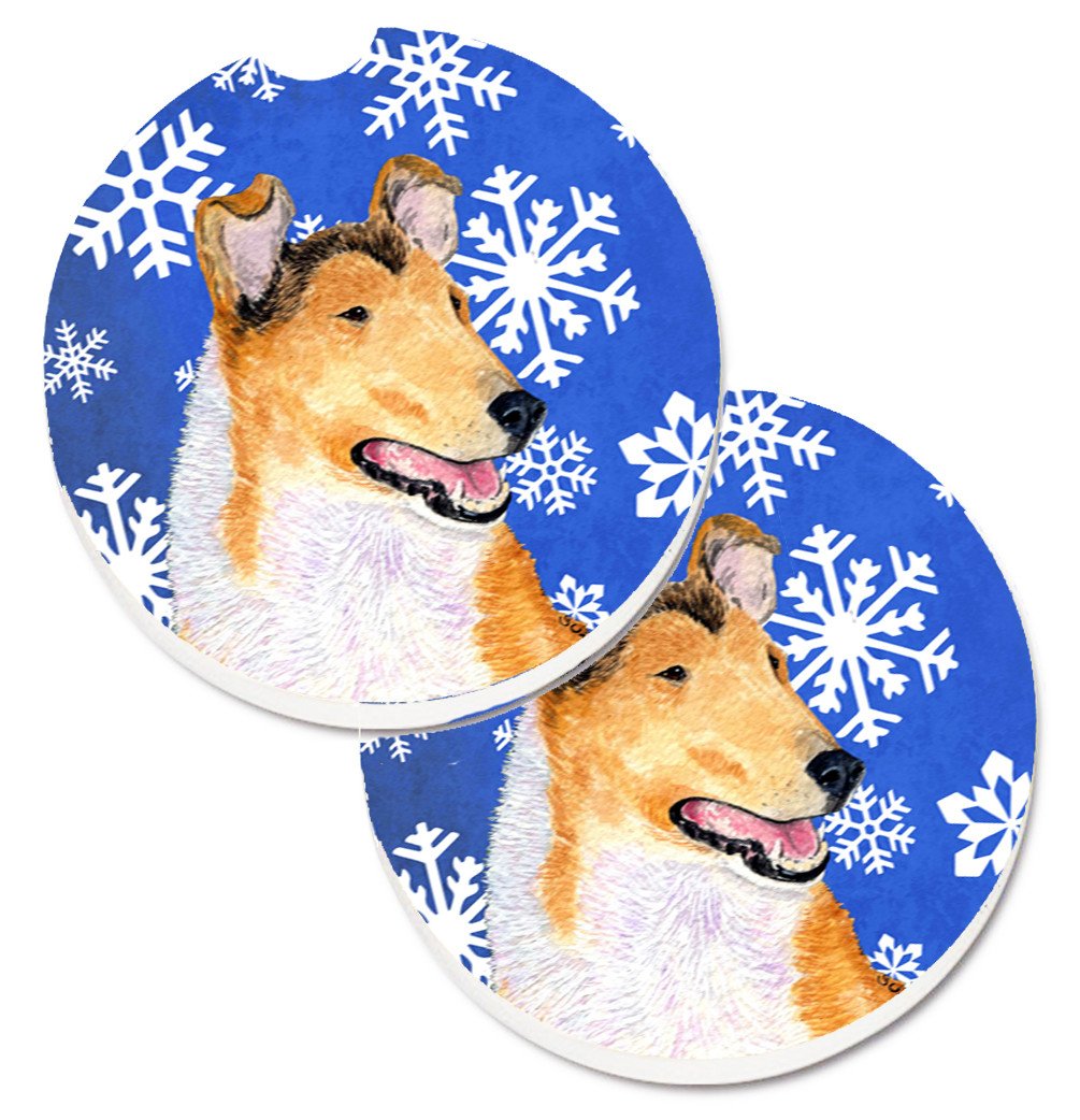 Collie Smooth Winter Snowflakes Holiday Set of 2 Cup Holder Car Coasters SS4608CARC by Caroline&#39;s Treasures