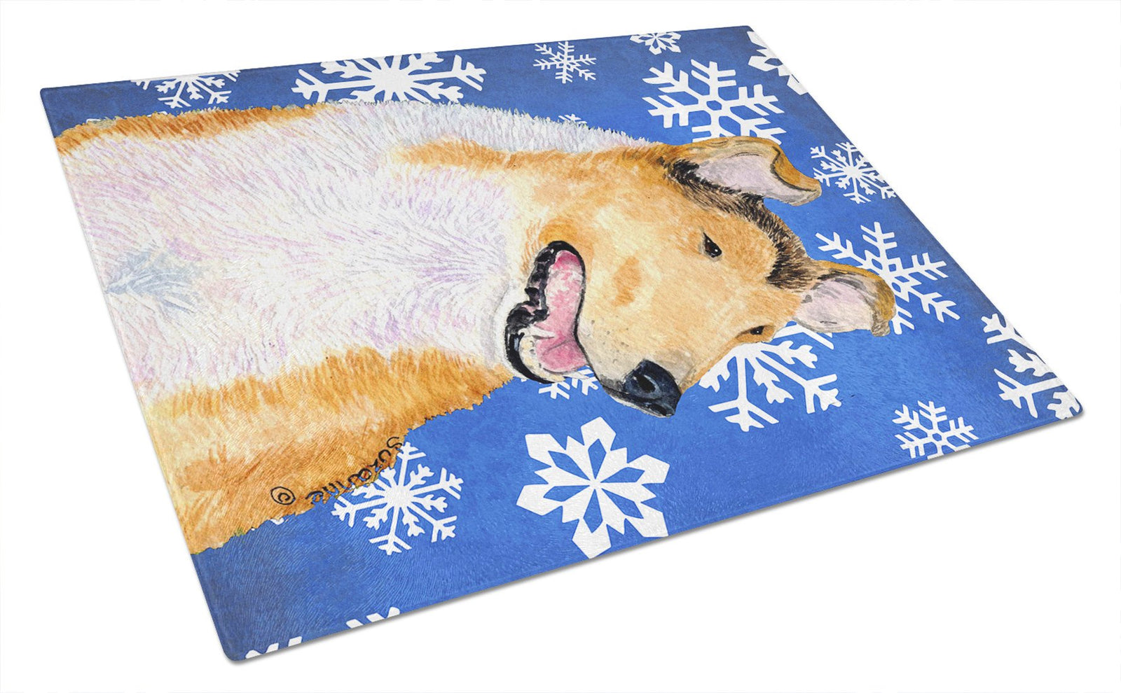 Collie Smooth Winter Snowflakes Holiday Glass Cutting Board Large by Caroline's Treasures
