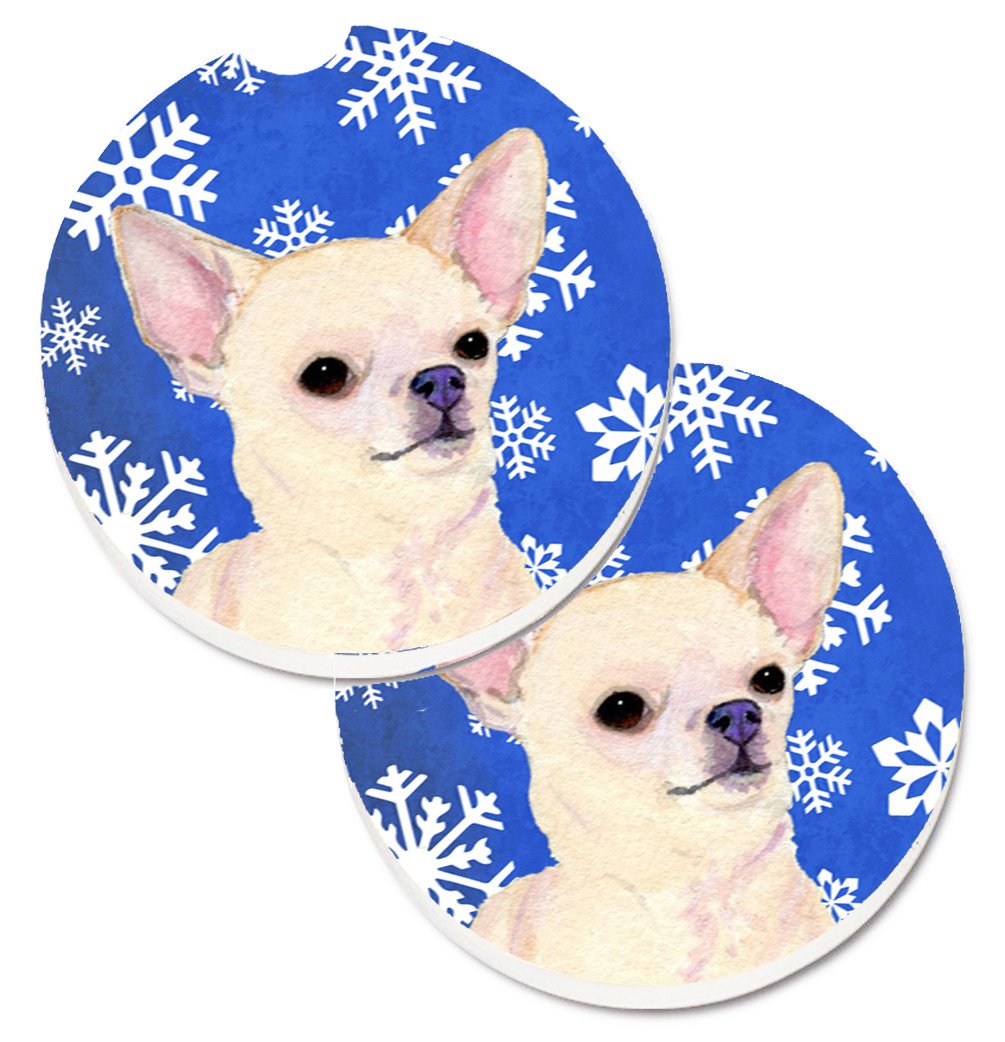 Chihuahua Winter Snowflakes Holiday Set of 2 Cup Holder Car Coasters SS4610CARC by Caroline&#39;s Treasures