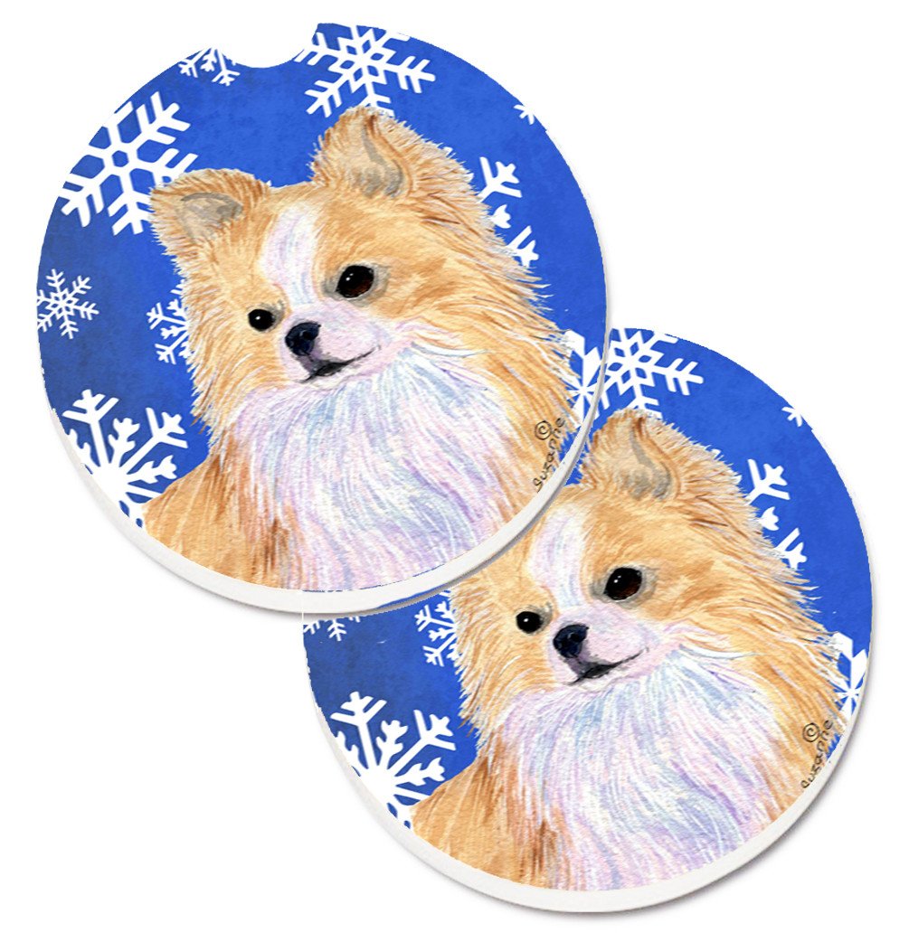Chihuahua Winter Snowflakes Holiday Set of 2 Cup Holder Car Coasters SS4611CARC by Caroline&#39;s Treasures